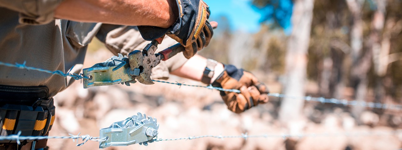 Person wearing gloves while tending to a barbed wire fence on a rural property