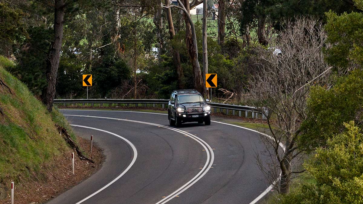 A 4WD driving on a blind corner in a densely forrested section of the Strzelecki Highway