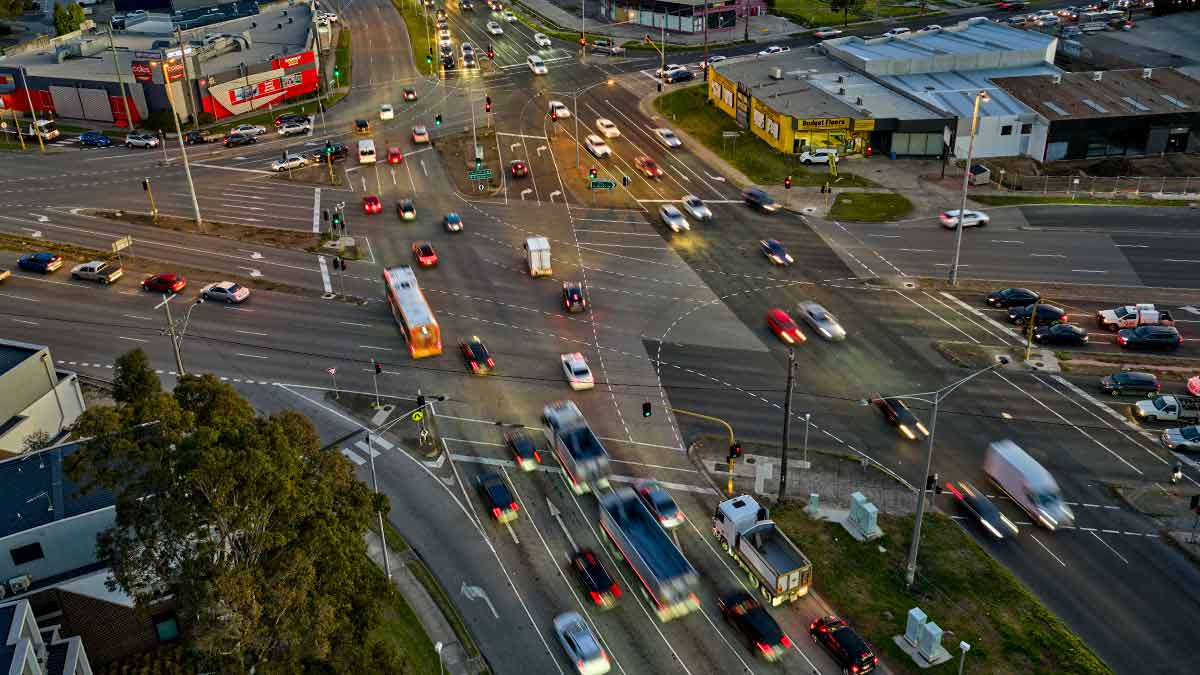 Aerial view of busy intersection