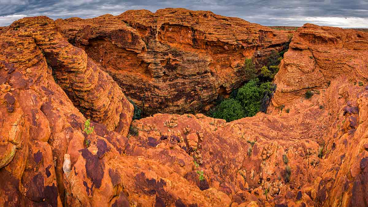 Aerial view of the spectacular red sandstone domes at Kings Canyon in Australia's Northern Territory.