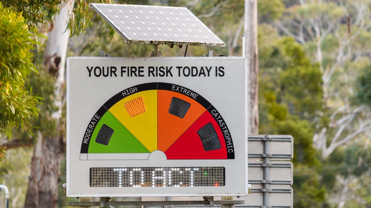Australian Fire Danger Ratings roadside sign displaying High fire risk