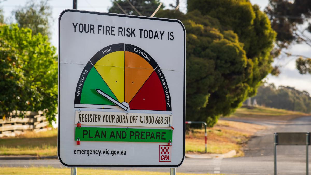 Australian Fire Danger Ratings roadside sign displaying a Moderate fire danger risk 