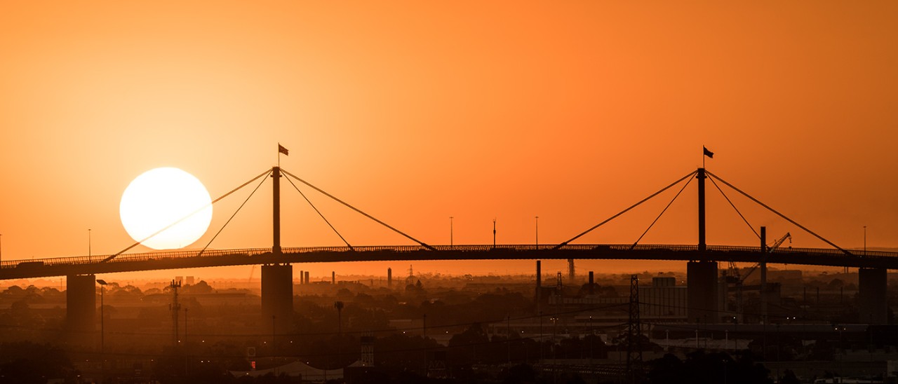 Sunset over Westgate Bridge in Melbourne.