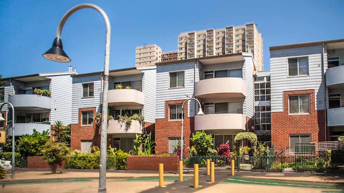 Dight Street in Collingwood, Melbourne, Victoria showing a series of identical apartments.
