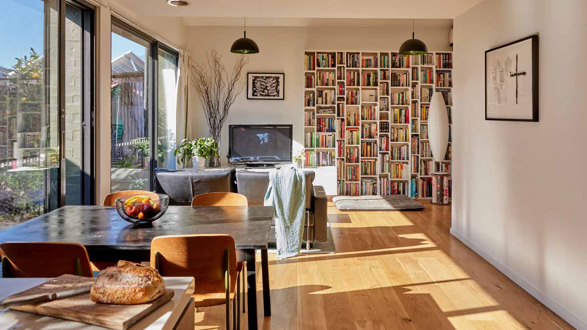 A sunlit interior of a townhouse 