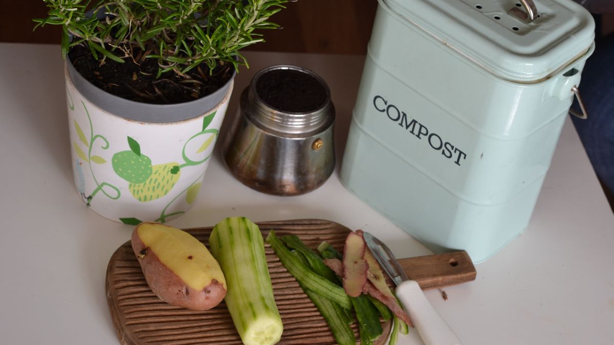 vegetables and scraps next to a compost container and rosemary on a bench