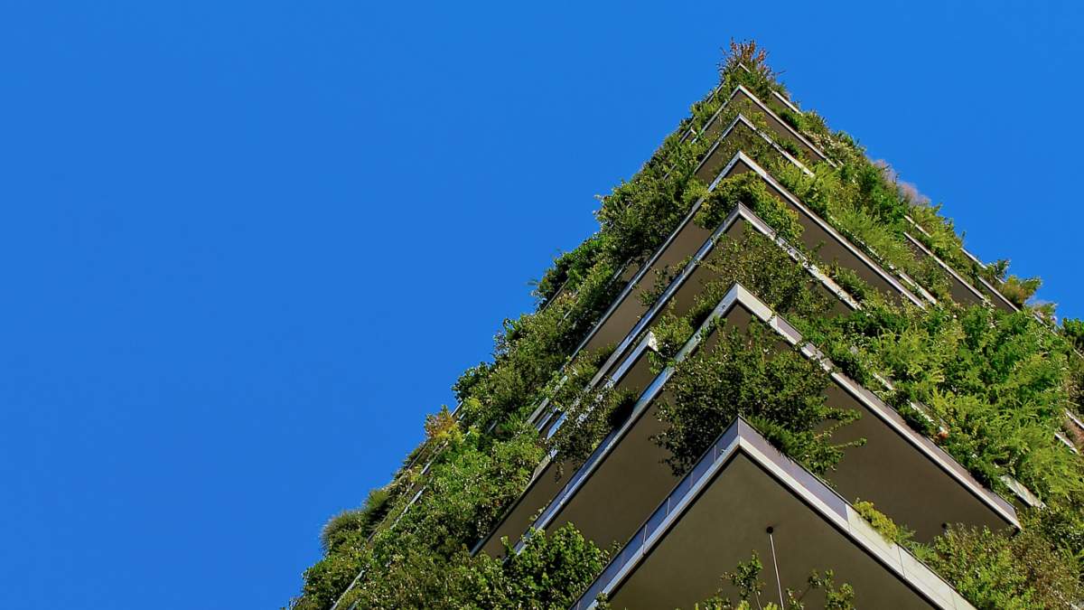 low shot of sky and apartment building with multiple balcony gardens