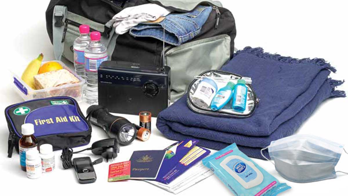 Display of items to pack in a home emergency pack