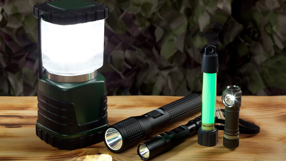 battery-powered lantern, torches and glow sticks
