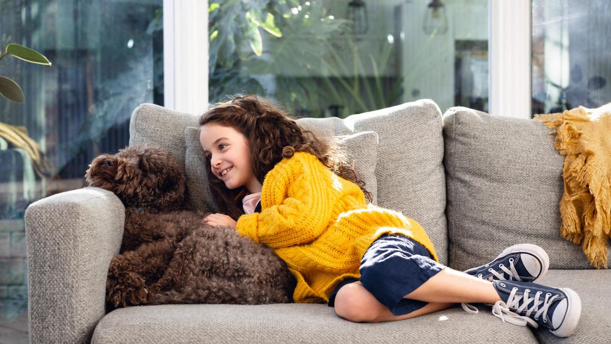 A school aged child cuddling a brown dog on a couch