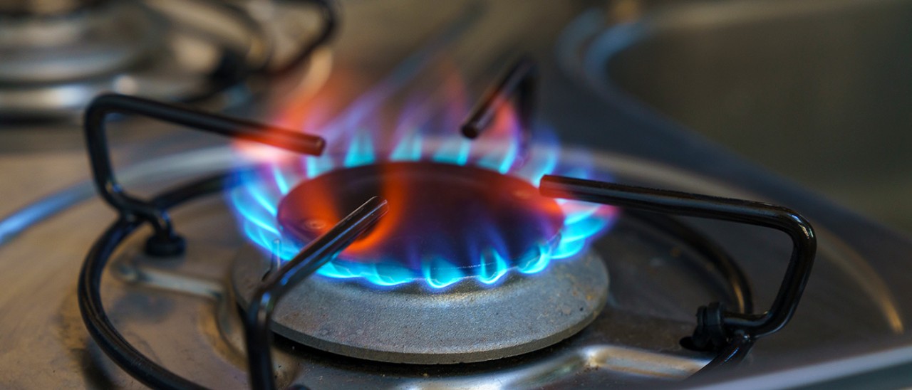Close-up of gas cooktop.