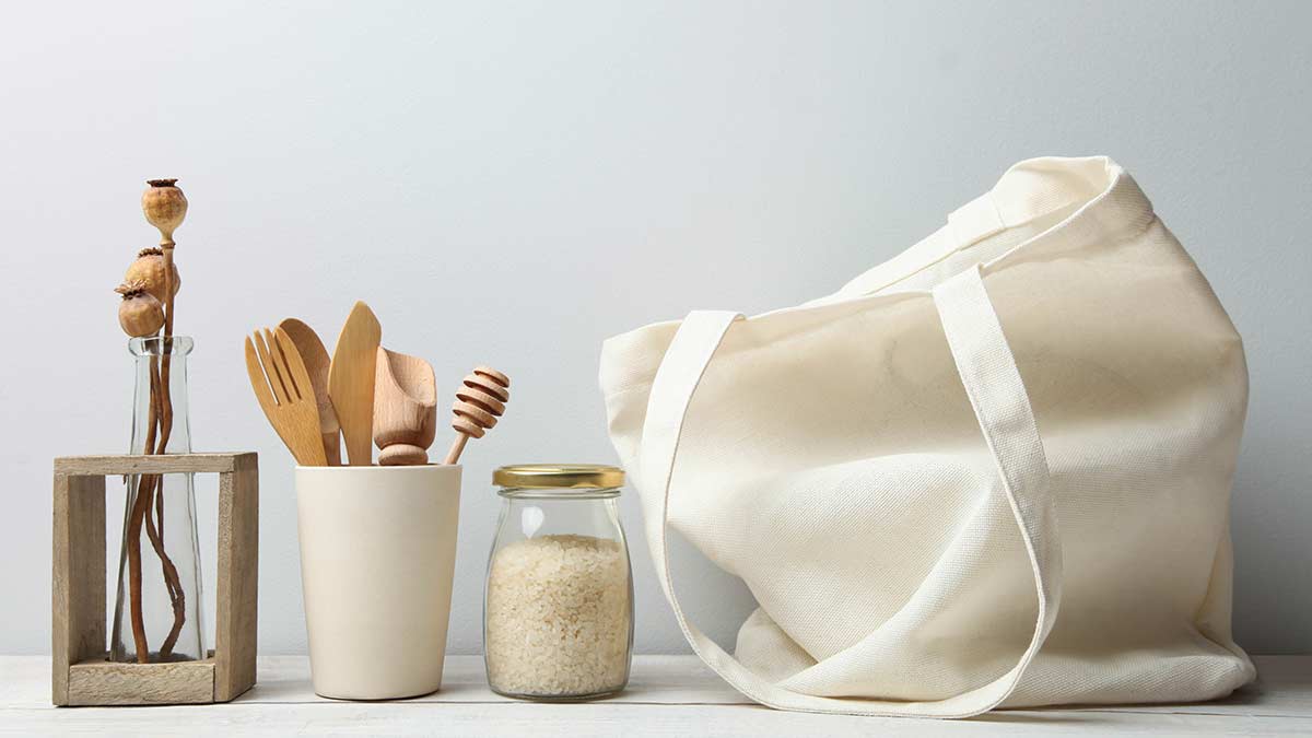 reusable products such as a canvas tote bag and wooden cutlery