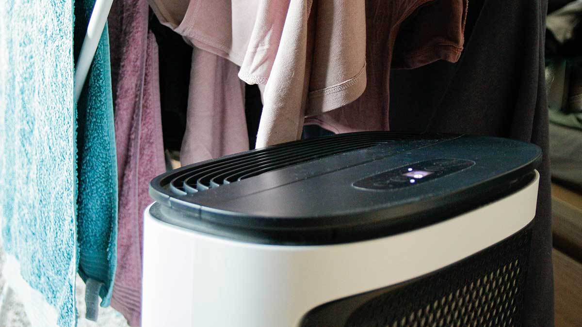 girl handling a small portable dehumidifier on the floor