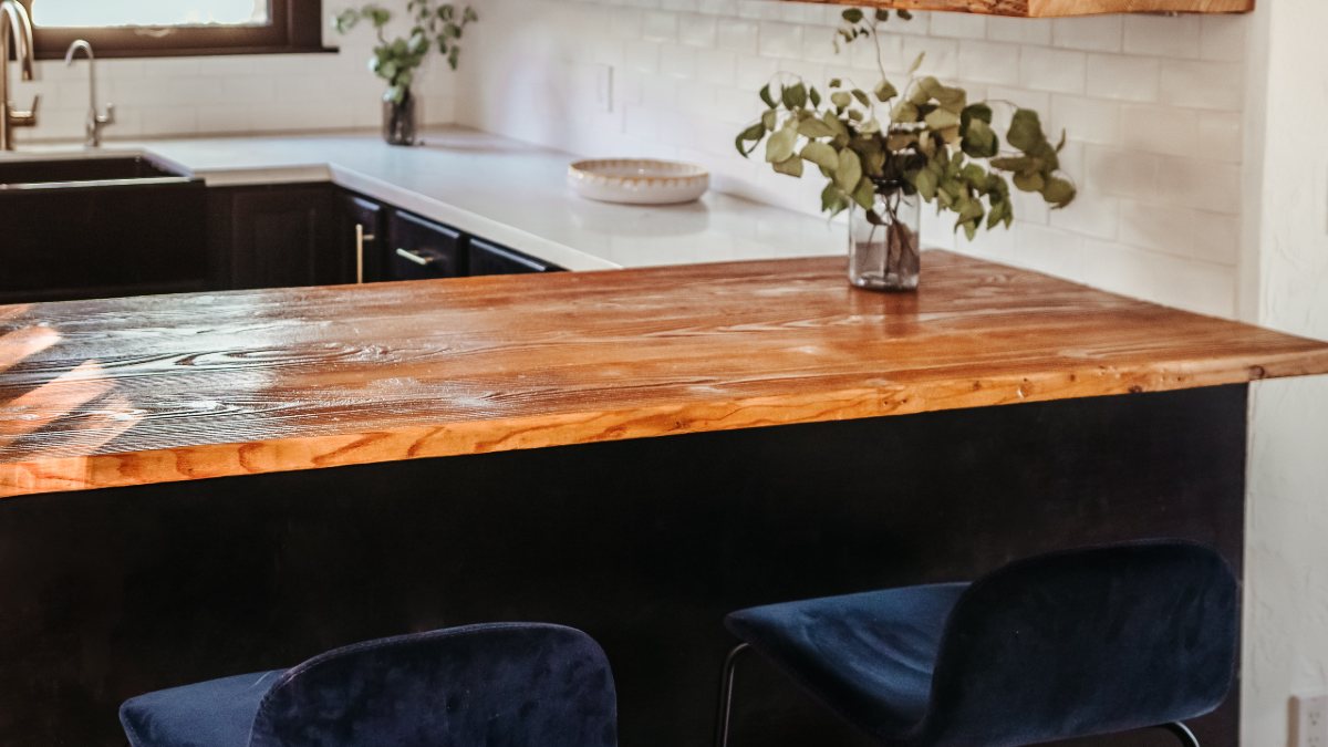 Wooden benchtop in a kitchen