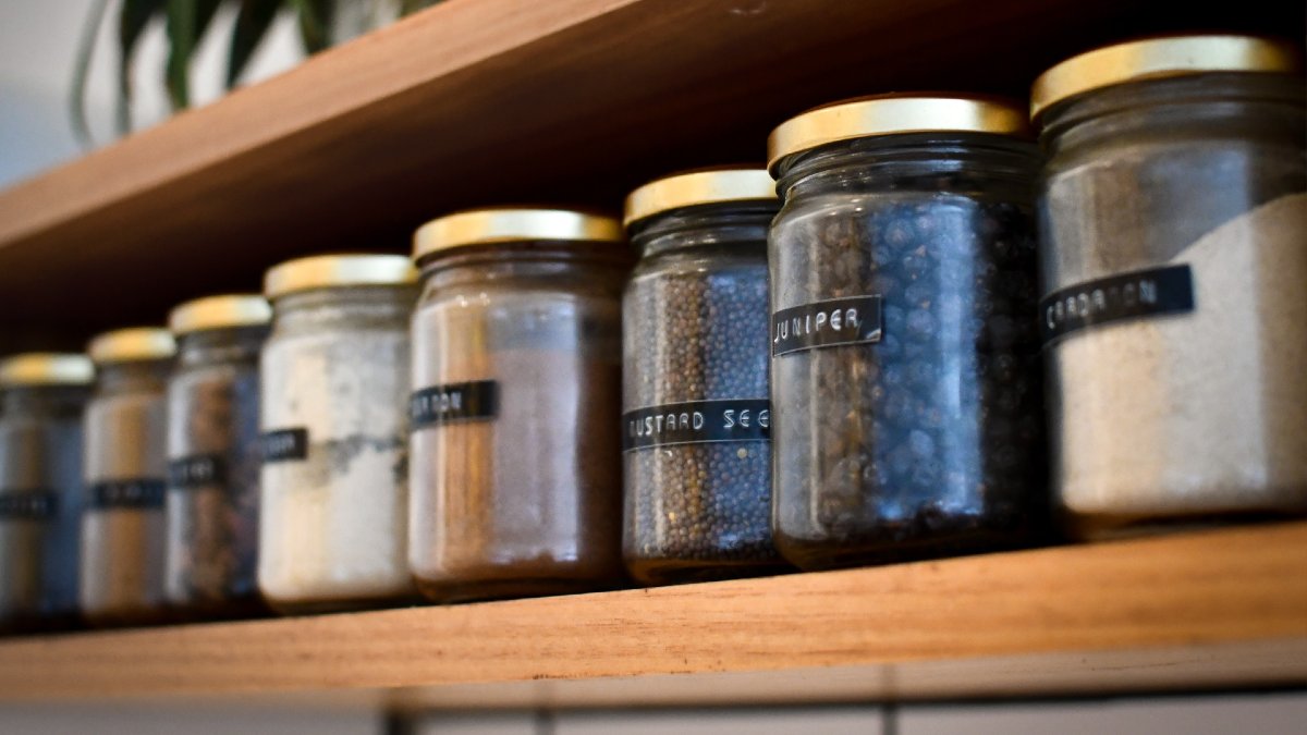 Row of jars in pantry