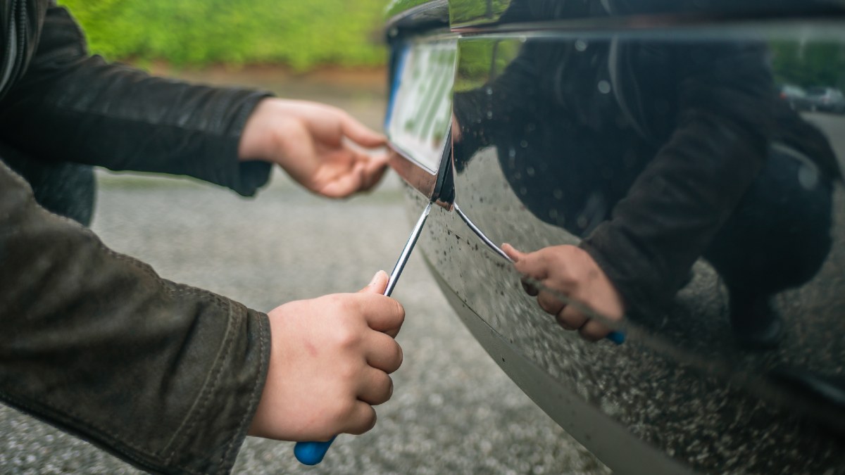 thief stealing car number plates