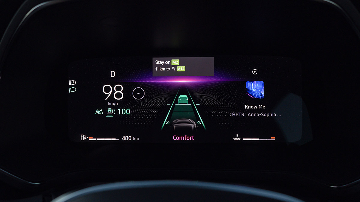 Digital driver's screen in Mitsubishi ASX showing speed, navigation, stereo and lane keeping.