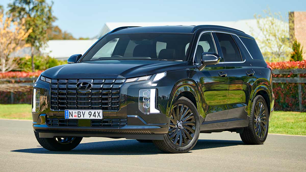 Dark Hyundai Palisade Calligraphy Black Ink model parked in front of large house on leafy street