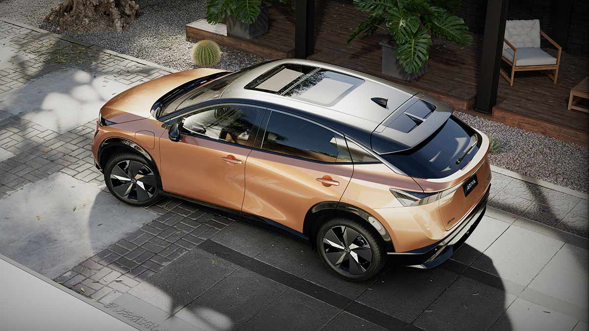 Overhead view of copper-coloured Nissan Ariya medium electric SUV
