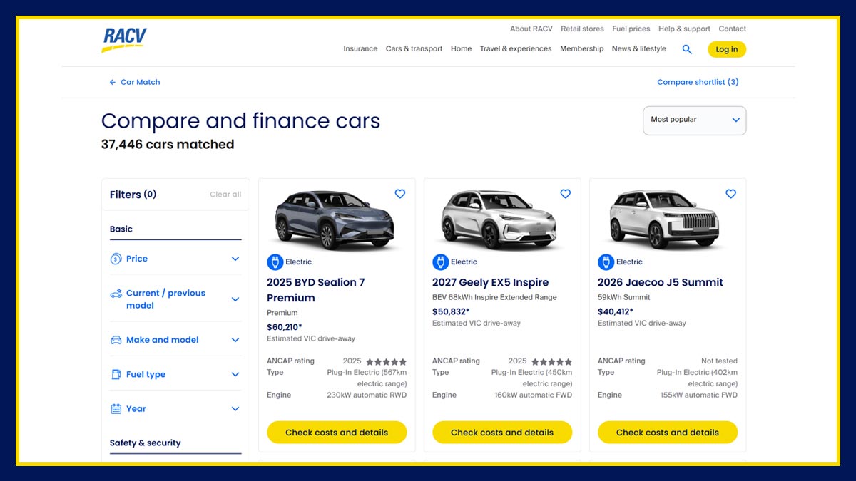 RACV Car Match page showing three EVs with specs and features on each.