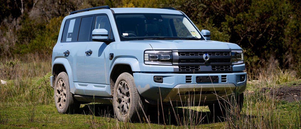 Blue Denza B5 large SUV on grassy clearing in bush at Lang Lang proving ground.
