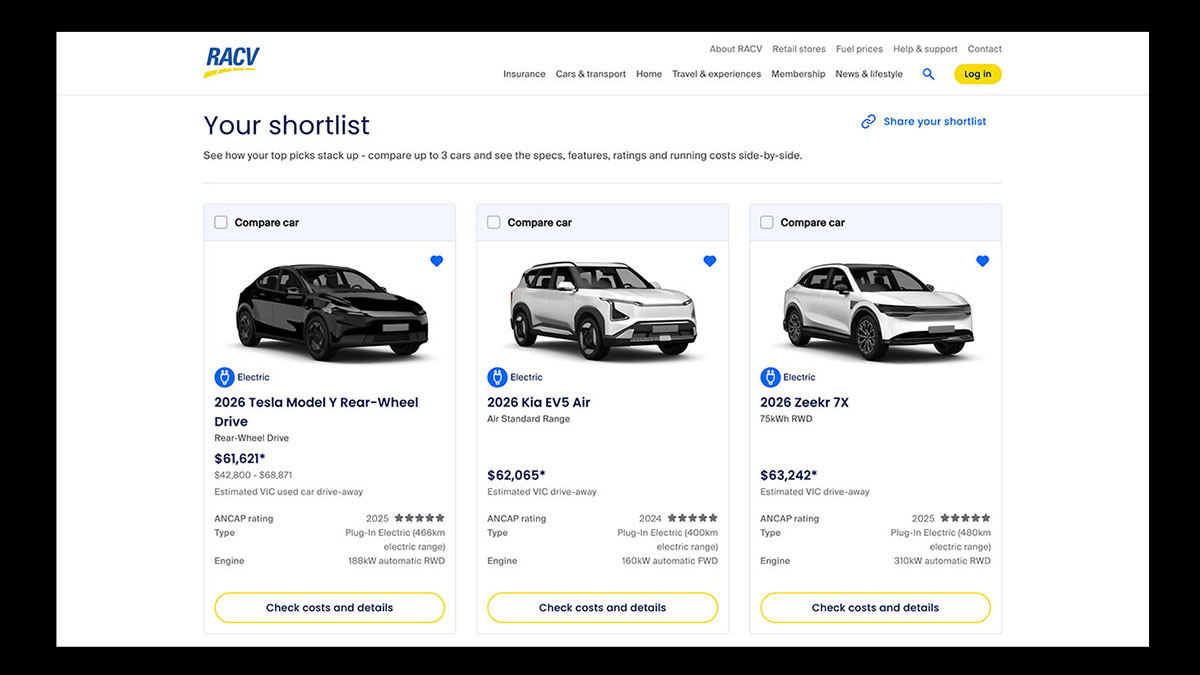 Screenshot of three cars side by side on RACV Car Match website.