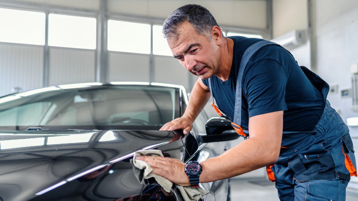 professional wiping a car with a cloth