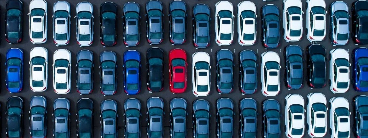 rows of blue and white cars with a red car in the centre