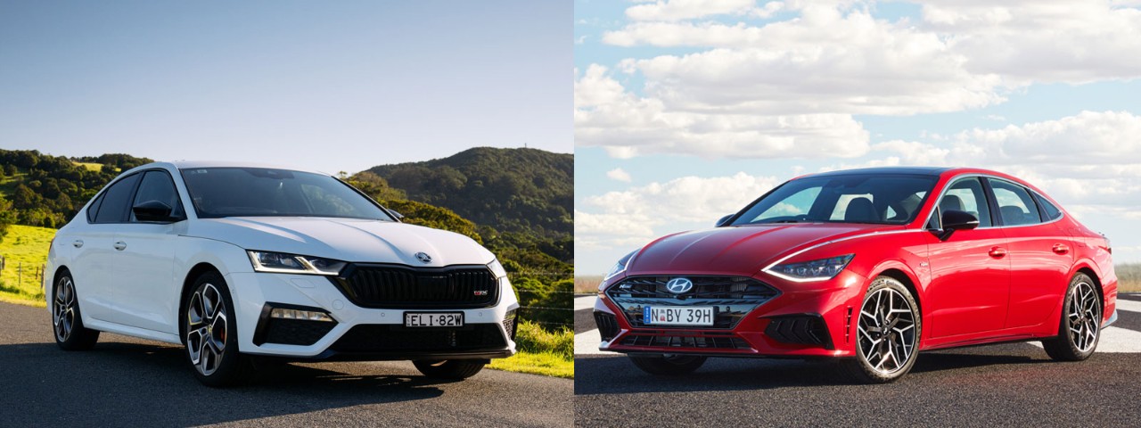 White Skoda Octavia RS and red Hyundai Sonata N-Line