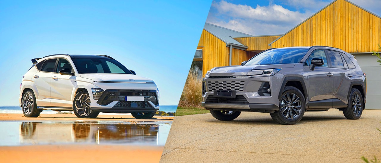 Split image with white Hyundai Kona small SUV on beach and grey Toyota RAV4 medium SUV on driveway in front of timber beach house.