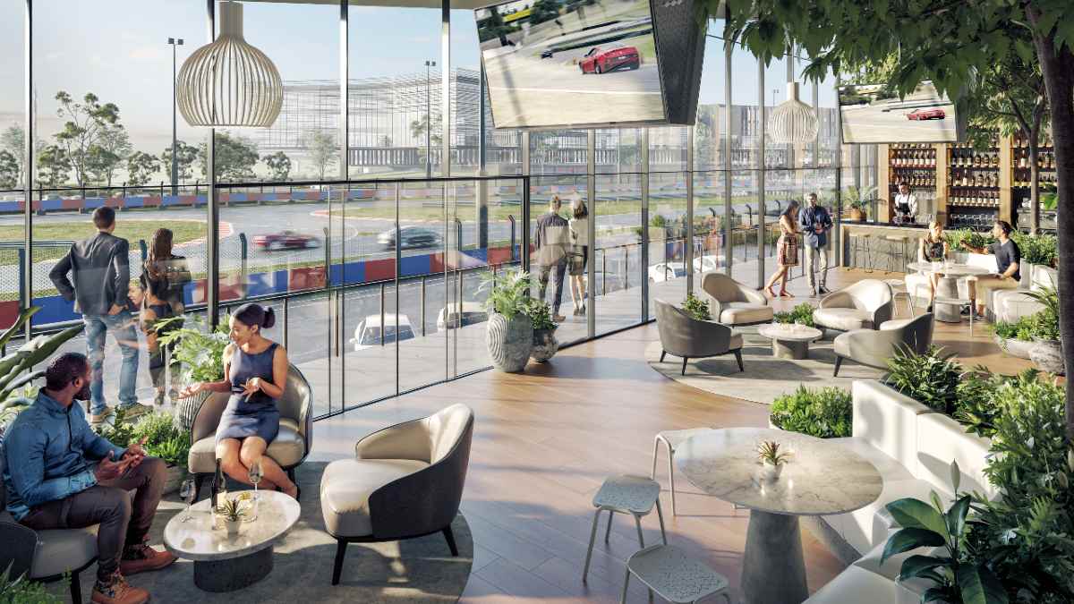 An artist's rendering of the BNE Automall, a airy light-filled space with people talking inside with cars outside