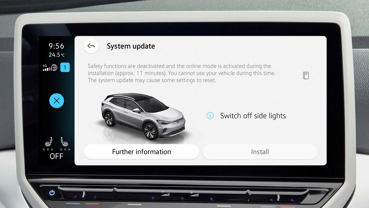 Touchscreen of Volkswagen ID electric car showing over-the-air update ready to install.