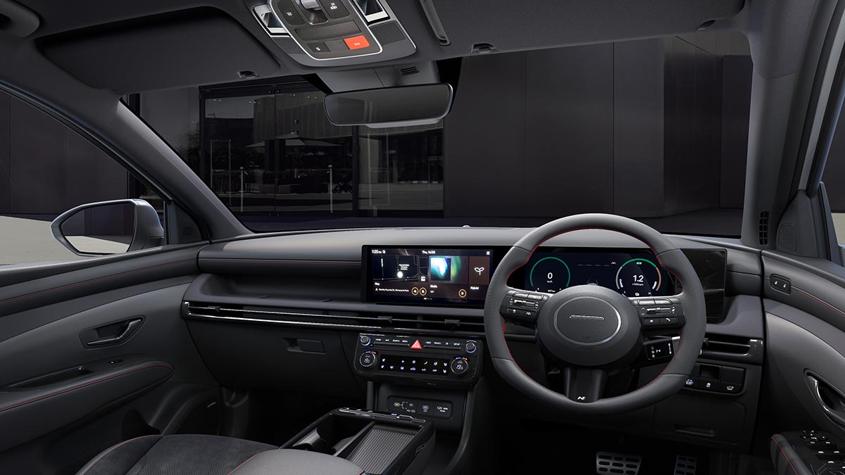 Dark interior of Hyundai Tucson N-Line SUV with red SOS button prominent in overhead console