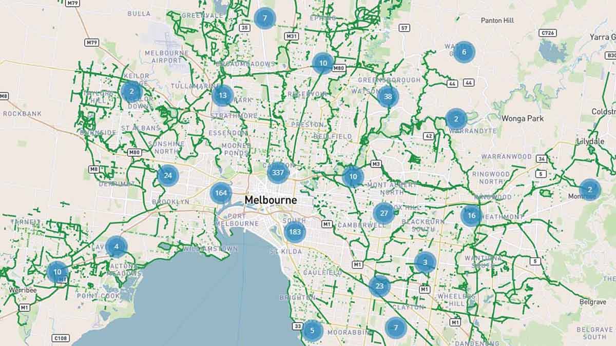 Map of Melbourne highlighting danger spots for cyclists