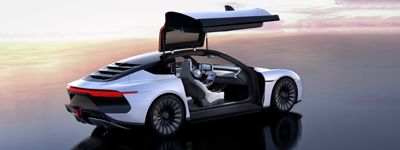 DeLorean Alpha5 sports car with wings open