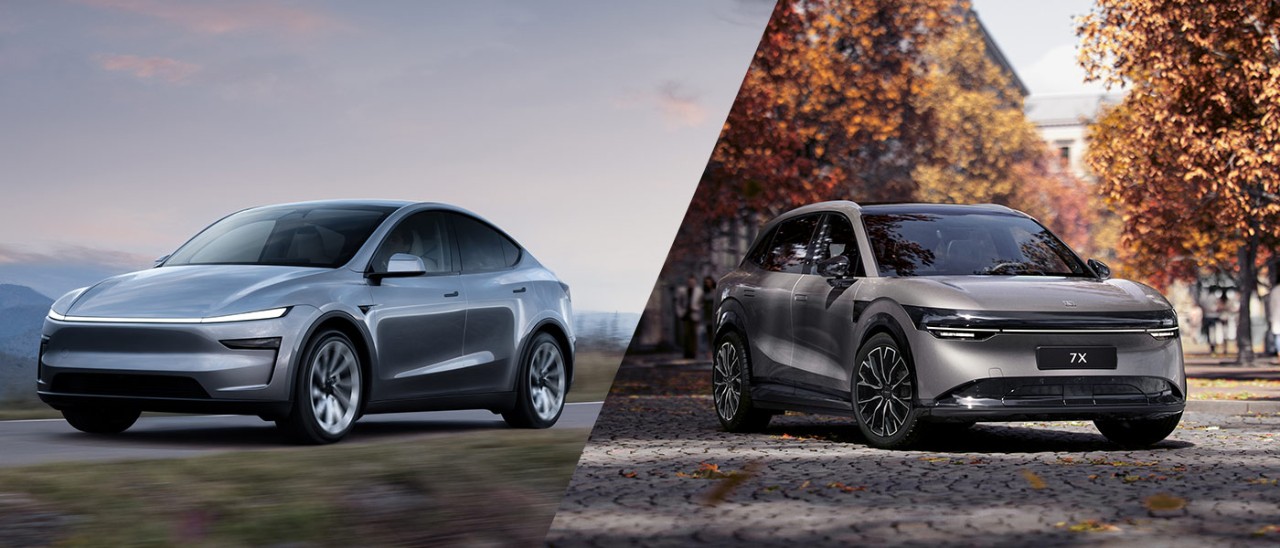 2025-Tesla-Model-Y-vs-Zeekr-7X-specs-comparison-banner-1400x600 Blue-grey Tesla Model Y electric SUV on mountain road and grey Zeekr 7X parked on tree-lined cobblestone street with autumn leaves.