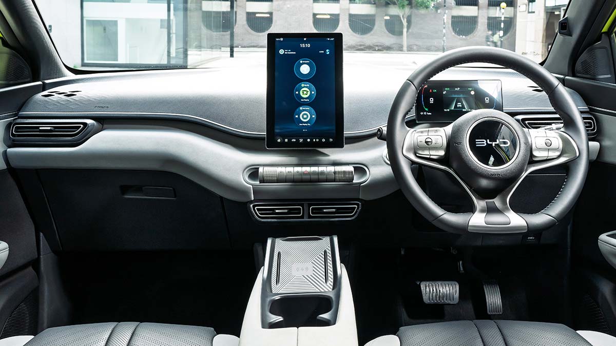 Interior of BYD Atto 1 with rotating centre screen in upright position.