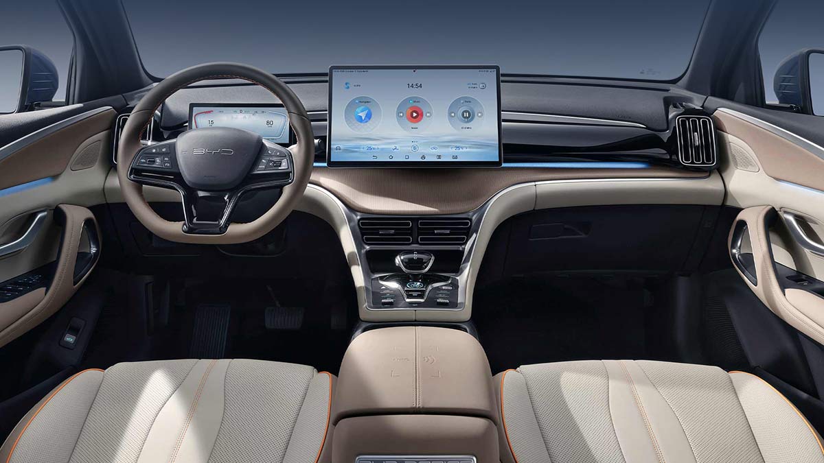 Dashboard of BYD Sealion 5 medium SUV with large centre screen and smaller digital driver's display.