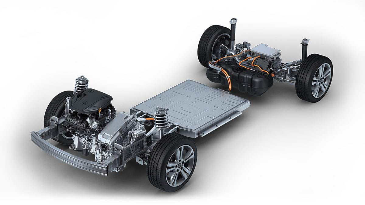 Chassis diagram of Geely Starray PHEV showing engine up front, battery at floor level and electric motor and fuel tank at rear axle