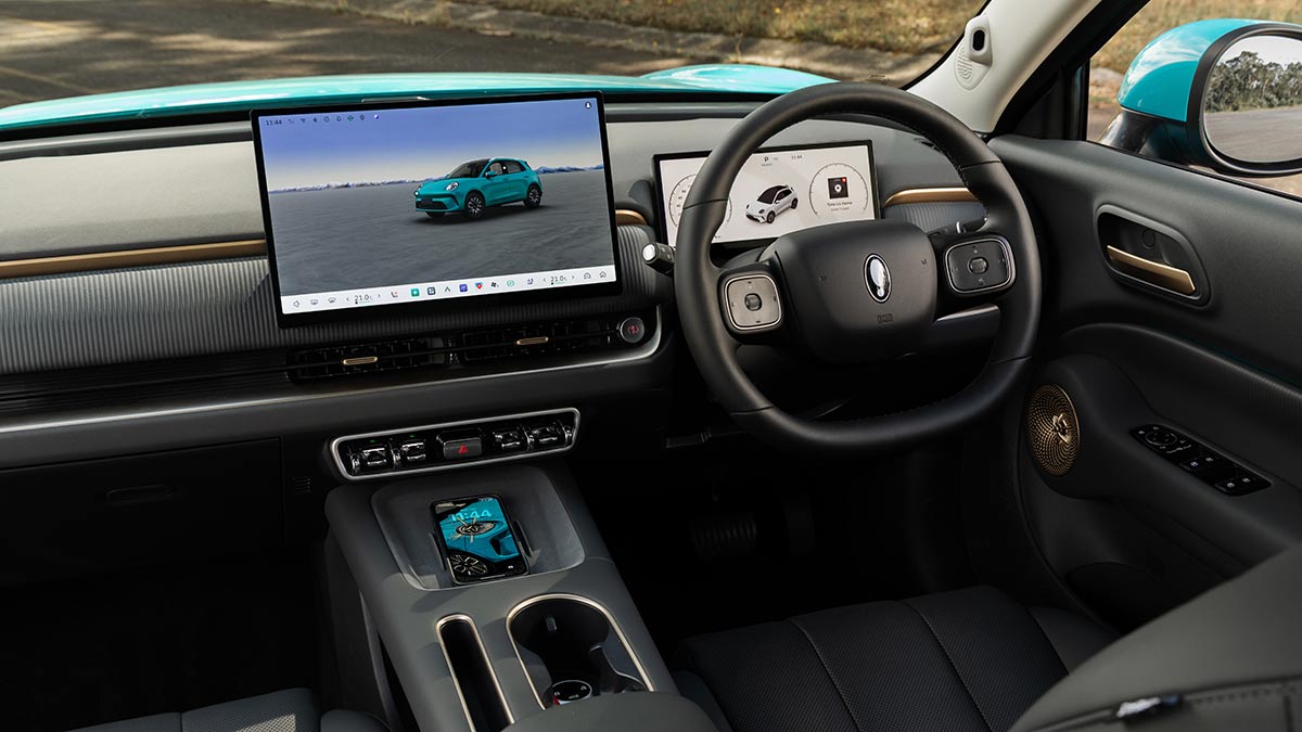 Dashboard of GWM Ora 5 small SUV with dark trim, 14.6-inch centre touchscreen and 10.25-inch digital driver’s display.
