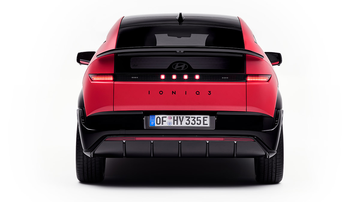 Red Hyundai Ioniq 3 electric vehicle rear.