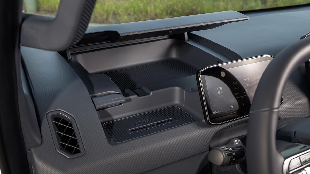 Close-up of Kia PV5 dashboard.