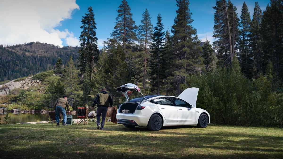 white 2026 Tesla Model 3 parked outside in forest glade with family