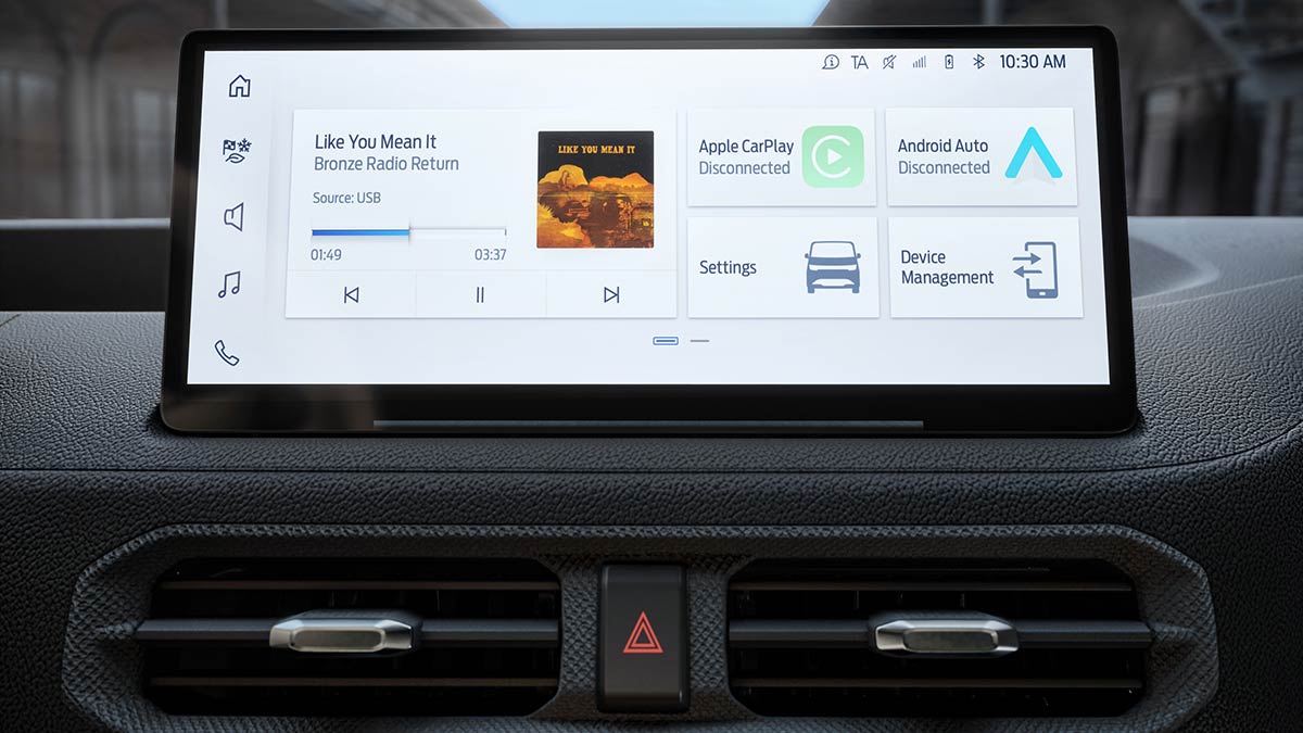 Central 12.3-inch touchscreen display on dash of Ford Transit City electric van.