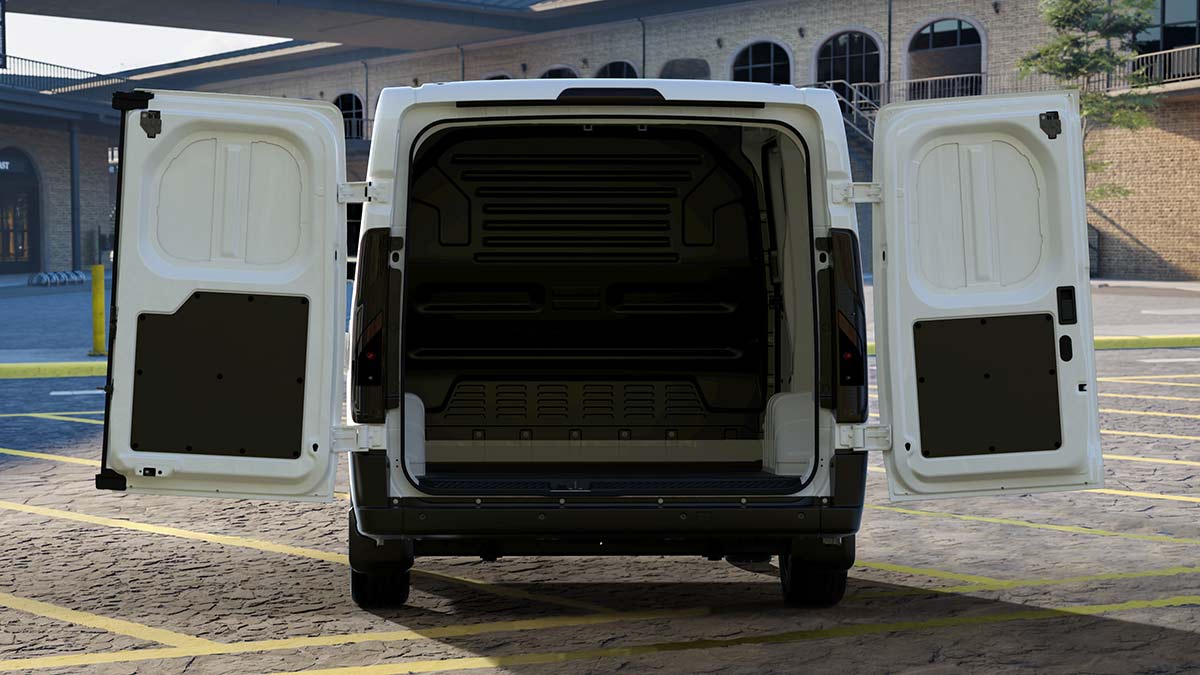 Rear view of white Ford Transit City with twin bar doors opened to 90 degrees, showing lined cargo area and solid bulkhead.