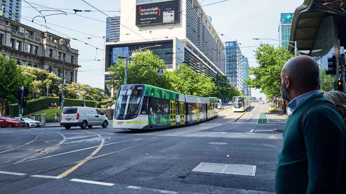 A tram travelling through Melbourne