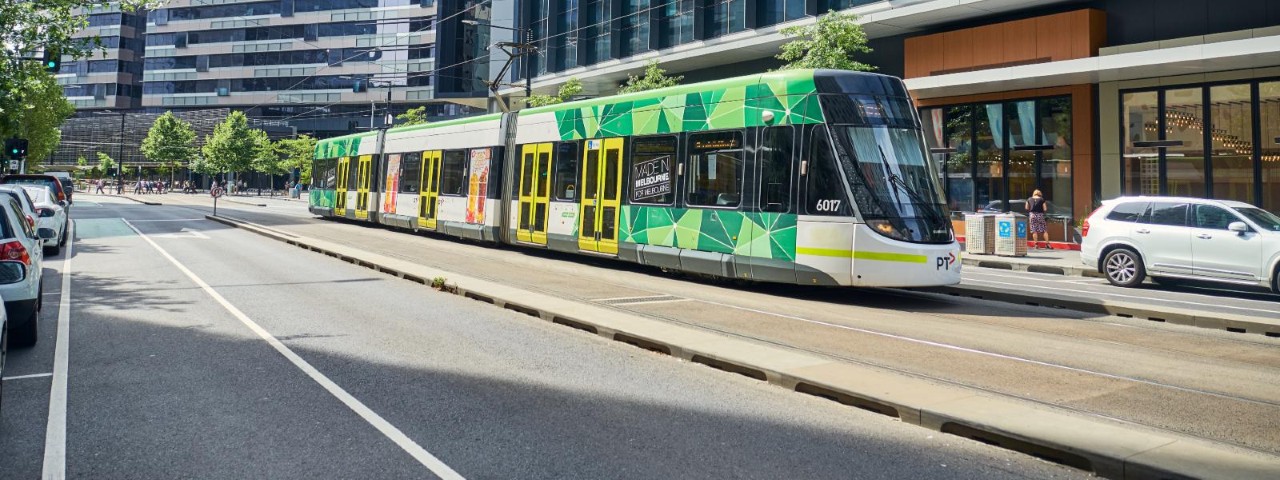 A tram travelling through docklands