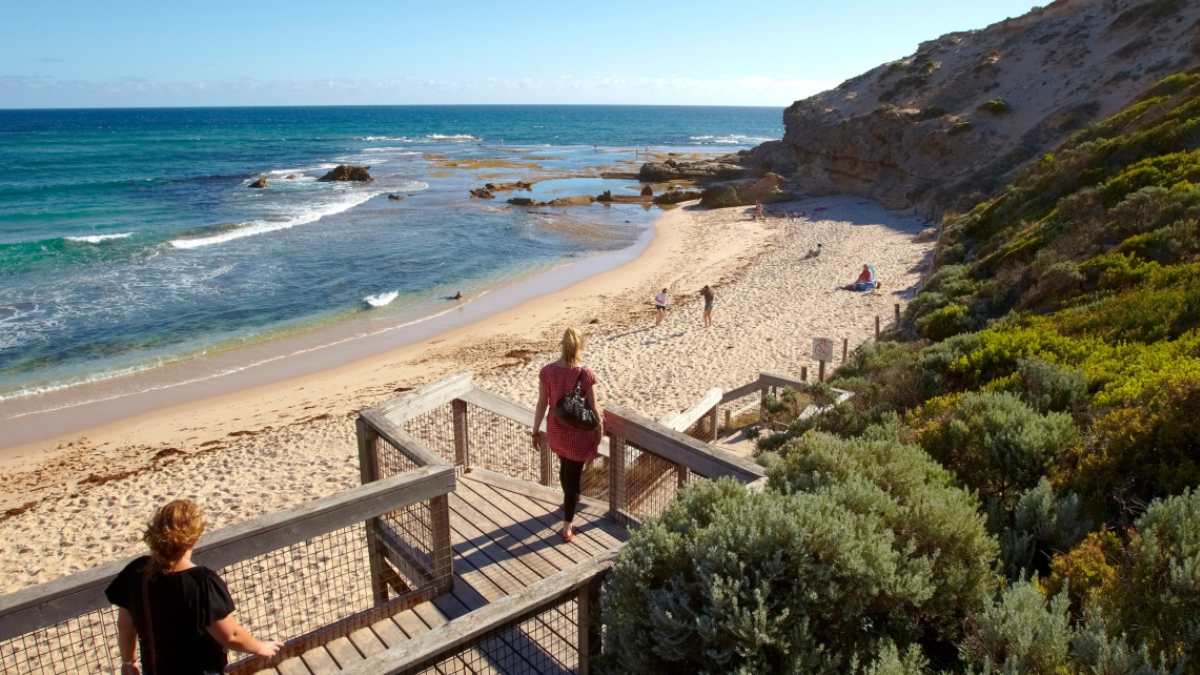 people walking down to a beach