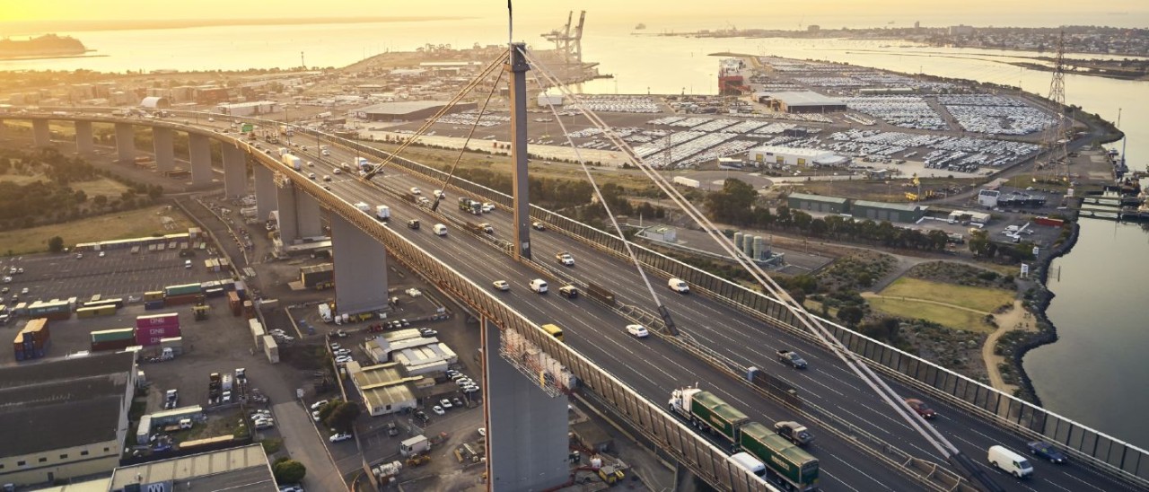 Westgate Bridge / freeway An aerial photo of cars travelling over the Westgate Bridge at sunset