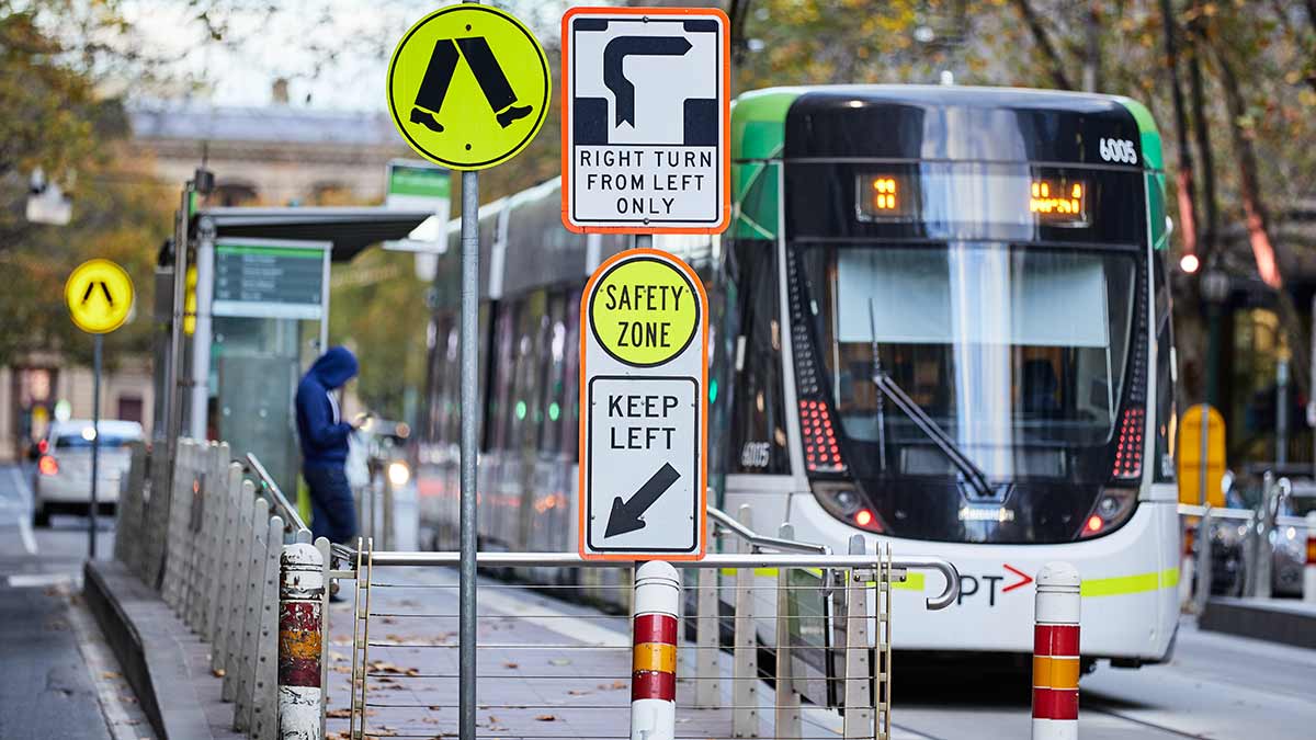 Tram at stop in Melbourne